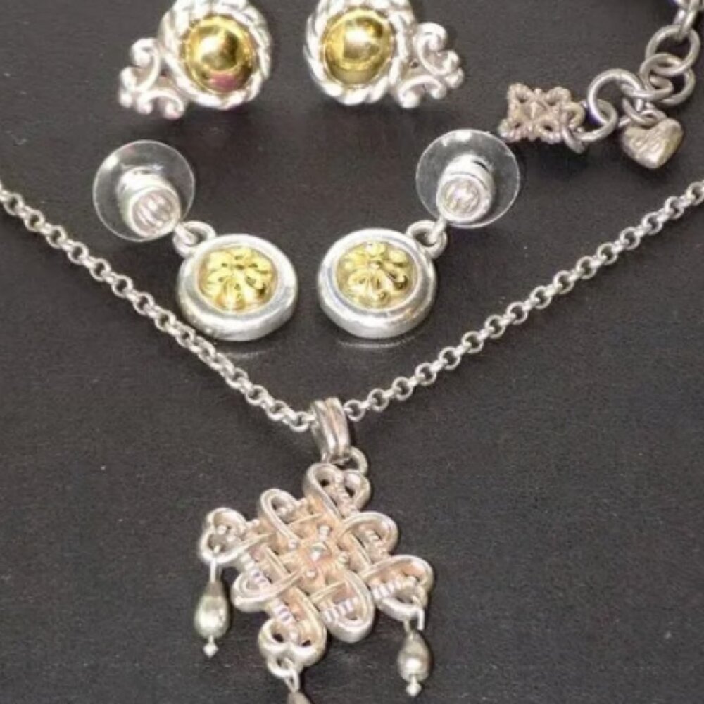 Vintage Brighton Jewelry Bundle. Celtic Pendant Necklace & 2 Pairs of Earrings